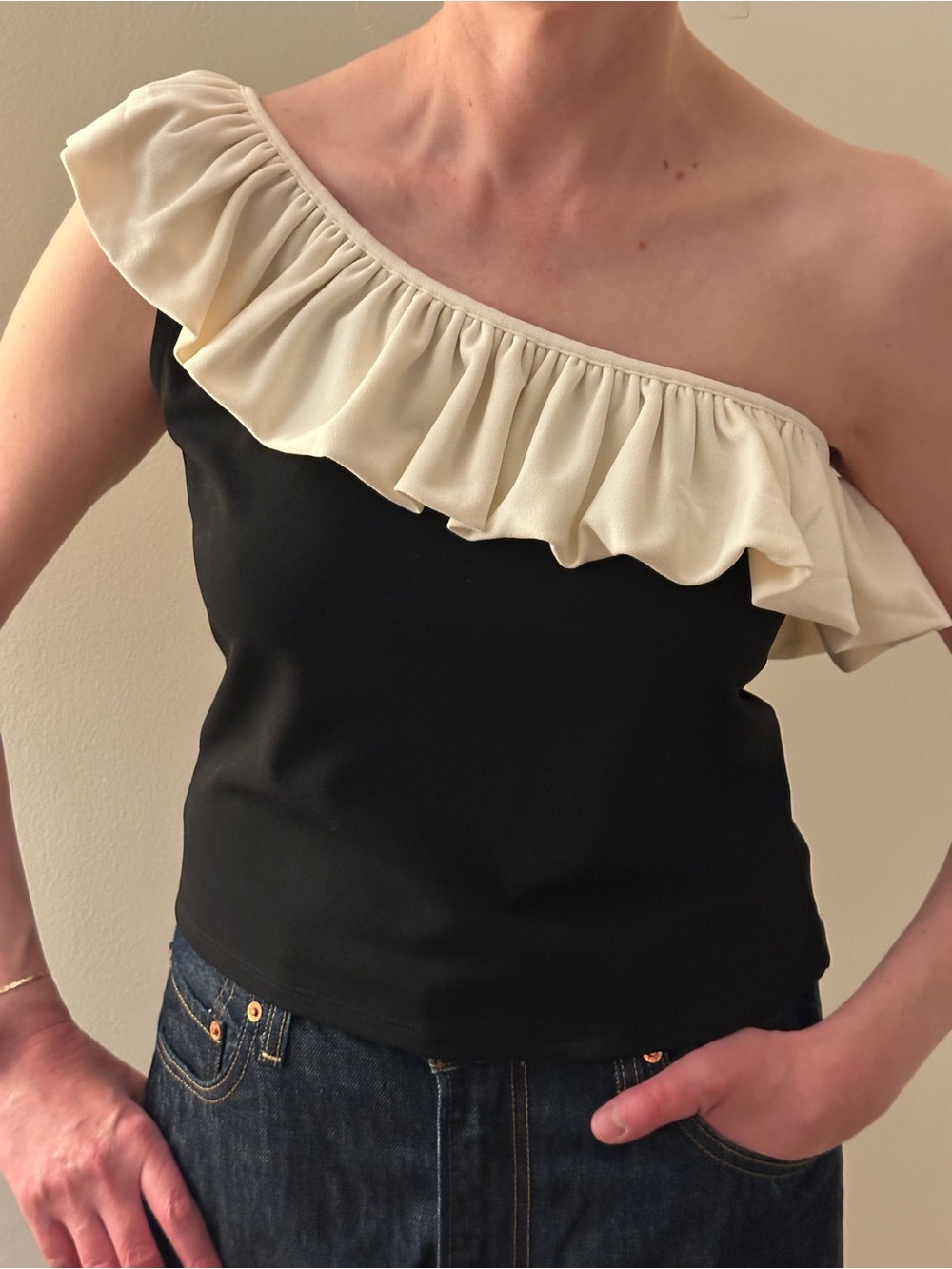 H&M - Black & Cream Flounced Ruffle One-Shoulder Top